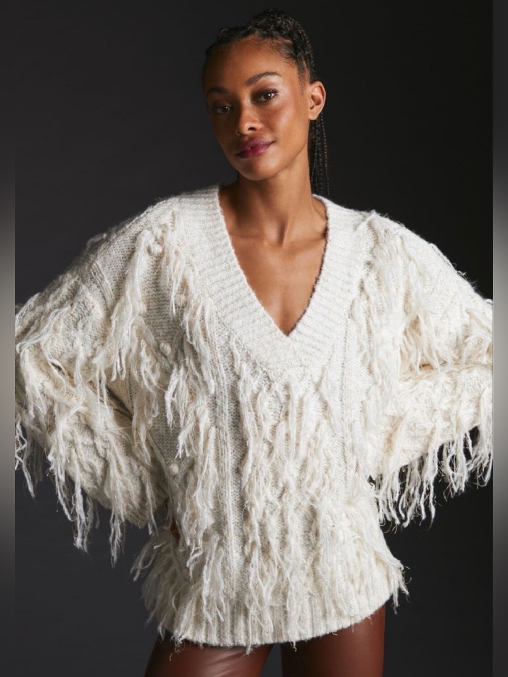 Anthropologie Ivory Fringe Cable Knit Metallic Oversized Sweater XS